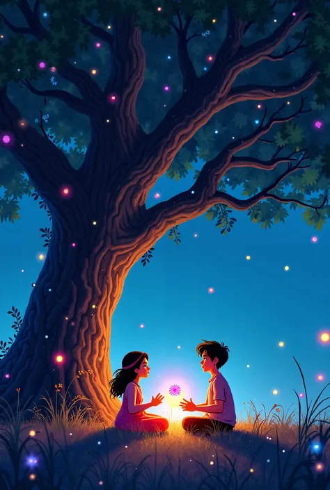  ** Elion and Lira under the big tree **:  A scene that represents the two protagonists sitting under the tree in the Auris park, surrounded by magical lights and colors .  Lira could be depicted singing ,  with a light that emanates from his voice ,  whil...