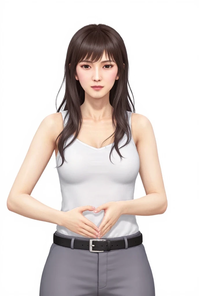  she is wearing a camisole、 is standing in front of her chest with her hands in the shape of a heart、  Cute Smile Up、  The background is plain 、   high resolution、細部にわたって  high resolution 