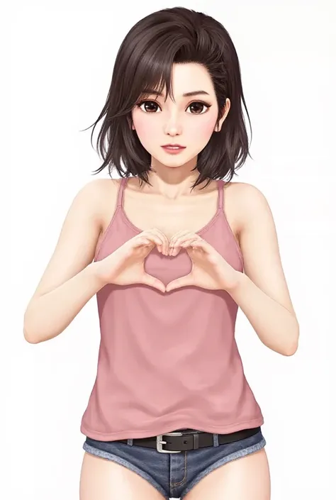  she is wearing a camisole、 is standing in front of her chest with her hands in the shape of a heart、  Cute Smile Up、  The background is plain 、   high resolution、細部にわたって  high resolution 