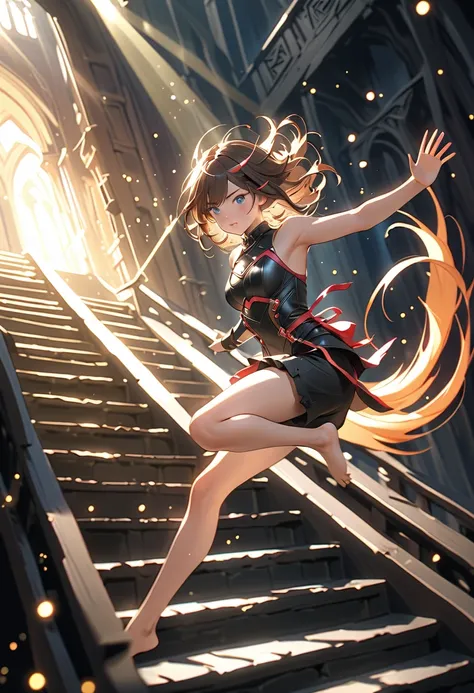 (( Jump down the stairs of a deep dark dungeon at breakneck speed:1.5、Swoop:1.5))、(( dynamic pose :1.5、 Dynamic Angle:1.5、 motion blur :1.5、 speedline :1.5、light particles:1.5, light rays:1.5))、(( one girl:1.5)、((Girl:1.5))、university student:1.5、 best qua...