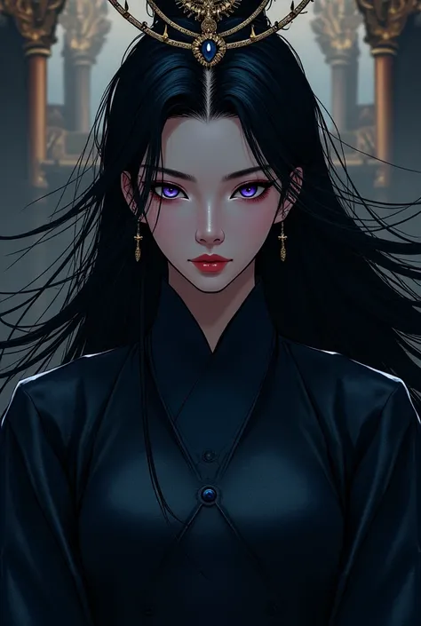 A woman empress with black hair and dark purple eyes without shine in the style of Manhwa drawing