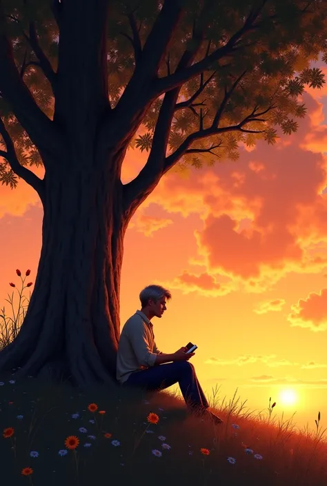 ** Elion old under the tree **:  A final scene in which Elion , Now old ,  sits under the tree with a diary in his hand ,  while the ren play around him .  The sky could be painted with the colors of the sunset,  with an aura of peace and nostalgia .