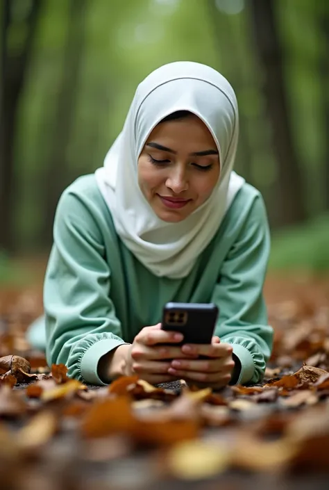 of a woman,  feminine beauty accent , There is a stream in the forest ,  lying on the floor with a mobile phone . Lying on the floor,  with the beginning of an artistic photograph ,  a photo in the form of a portrait .  dressed in light green casual clothe...