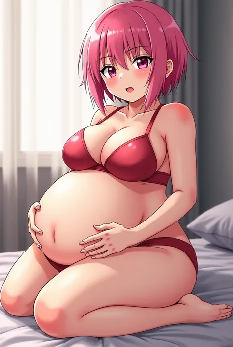 Make an anime girl with short pink hair,  sitting on the bed, Fat and with a very big, gelatinous belly, wide arms , It is large , And she has a lot of milk spilled on her body with her squeezing her belly,  huge thighs,  big breasts and coming out of her ...