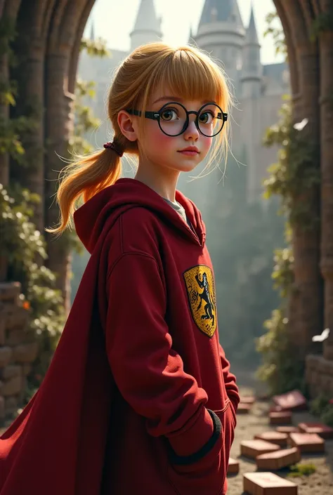 a Hogwarts character from Gryffindor with tied dark blond hair who wears glasses