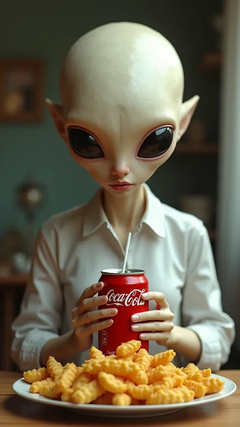 An alien creature , Female ager with a flat head, 2 black eyes , Wearing a white blouse, Eating ruffle potatoes and drinking Coca-Cola , [ Illustration ] during ( The best quality,4K,8k,Altas,Key piece :1.2), ultra detailed, (realistic,fotorrealistic,fotor...