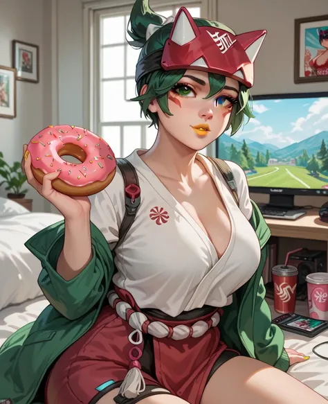 woman, big breasts, yellow lipstick, anime style, brown eyes, white skin, green hair, short hair, white top, green jacket, bedroom, playing, gamer, donut, Kiriko, 2D 