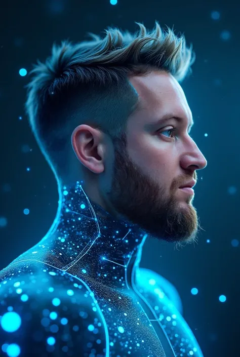 Create a character A futuristic and technological profile picture,  with elements of brilliant electronic circuits,  blue holograms floating light particles,  and an abstract background that refers to outer space . The image should convey innovation,  conn...