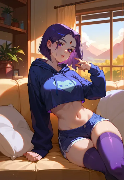 1girl, Raven,  Titans, sitting on a couch, hoodie, silk shorts, thigh highs, sexy pose, lustful, BREAK, night time, mountain cottage, cinematic lighting,