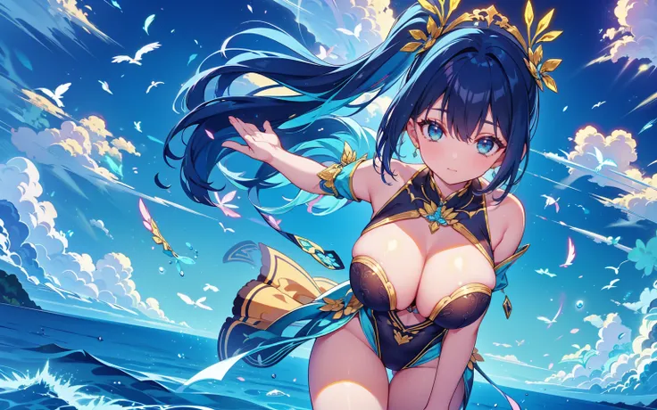 masterpiece, anime, best quality, 1girl, 23 years old, smile, happy,, swirling wind, blue sky, multicolored hair in a messy bob hairstyle , (extremely large breasts:1.1), big cleavage, plunging neckline,