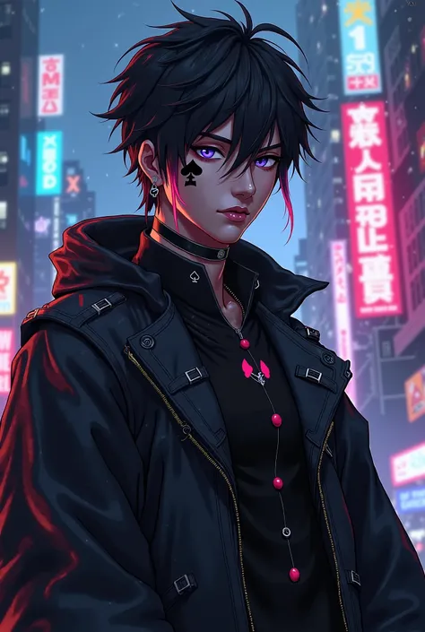 Male > handsome > cyberpunk style > anime > tattoo spade on face > for Vtube