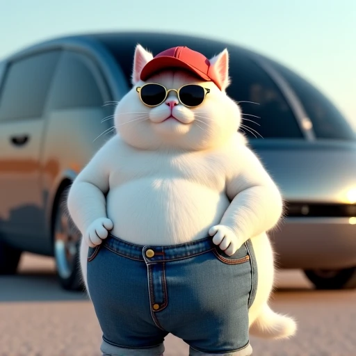 Fat white cat wearing a cap and sunglasses 、 jeans
decides to pose in front of the camper of the future