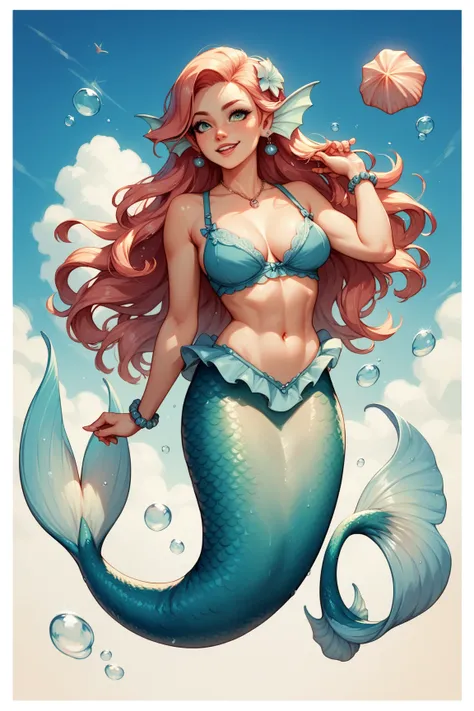 mermaid. wearing two seashells as a bra, full-body shot