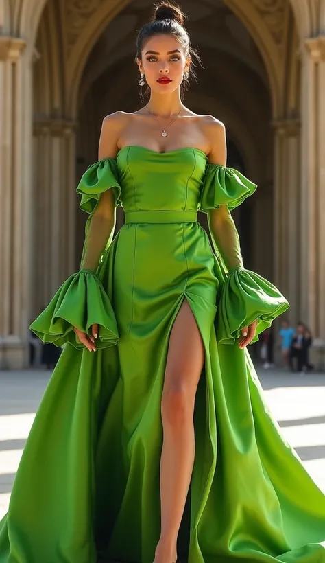 The outfit worn by the model is a deep lime green dress, designed with a sophisticated and dramatic style. The dress has a round neckline with long sleeves that end in a bell shape, which stand out for their voluminous three-dimensional fabric trims. The e...