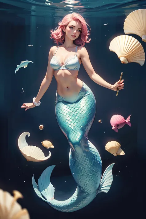 mermaid. wearing two seashells as a bra, full-body shot