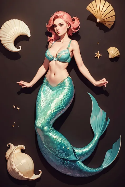 mermaid. wearing two seashells as a bra, full-body shot