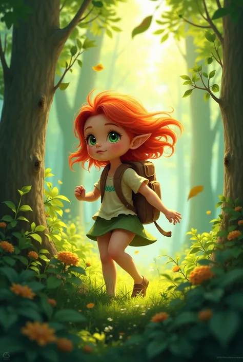 Red-haired girl in the green forest