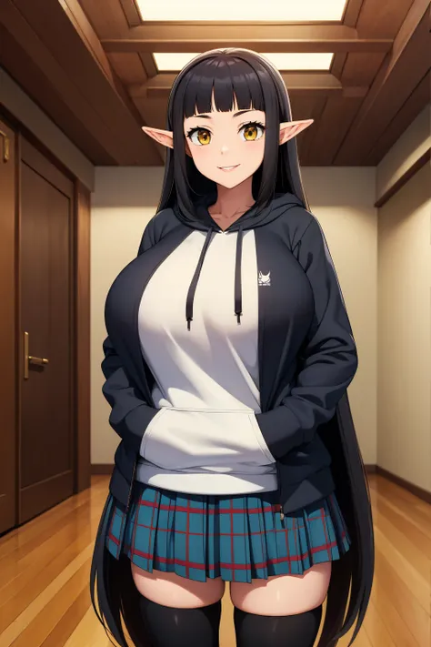 masterpiece, best quality, absurdres, Kuro, long hair, indoors, plaid skirt, hoodie, smile, hands in pockets, gigantic breast, smile