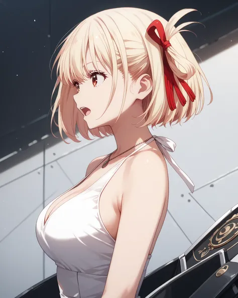 chisato nishikigi, short hair, bangs, blonde hair, red eyes, hair ribbon, one side up, bob cut, large breasts, white dress, halter neck, cleavage, thigh highs, open mouth, from side, indoor, detailed shading, indoor, masterpiece, best quality, ultra-detail...