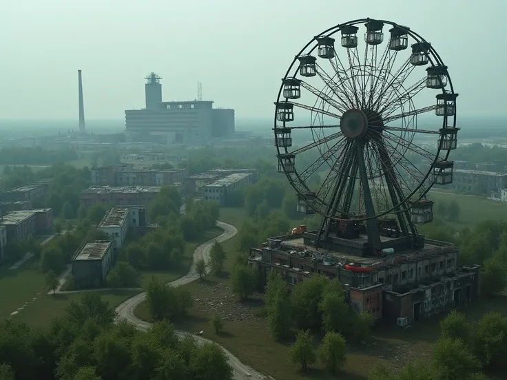   aerial view of the abandoned city of Prypyat, In Ukraine . We see the famous Ferris wheel , And in the background, We see the sarcophagus of the Chernobyl nuclear power plant.