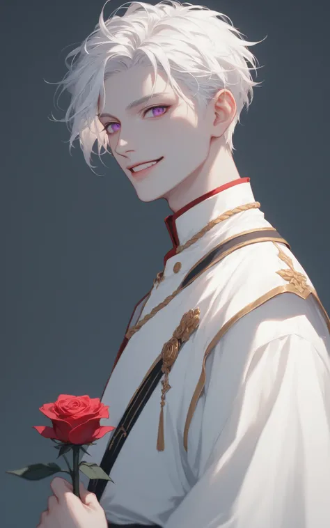  23-year-old male,  with white hair , High resolution,  Super detail , quality,  High details,  best quality, purple eyes, smile, taken,  depth of field, silhouette,  he is holding a rose in his hand ,  with old military clothes from the time,Pretty self ,...