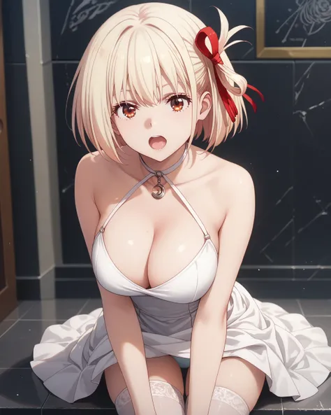 chisato nishikigi, short hair, bangs, blonde hair, red eyes, hair ribbon, one side up, bob cut, large breasts, white dress, halter neck, cleavage, thigh highs, lift up dkirt with both hands, show white panties, open mouth, from front, indoor, detailed shad...