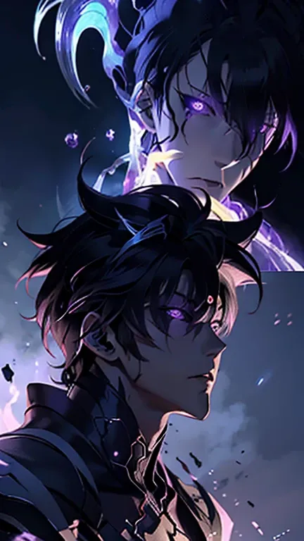 anime character with purple hair and glowing eyes in front of a dark background, handsome guy in demon slayer art, epic fantasy art style, badass anime 8 k, epic fantasy digital art style, detailed digital anime art, human male demon, portrait of hades, ep...