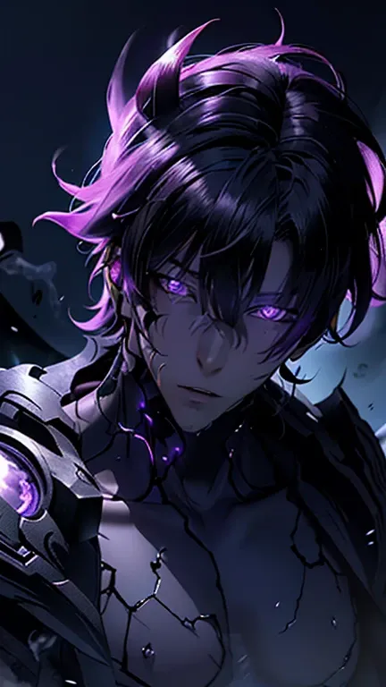 anime character with purple hair and glowing eyes in front of a dark background, handsome guy in demon slayer art, epic fantasy art style, badass anime 8 k, epic fantasy digital art style, detailed digital anime art, human male demon, portrait of hades, ep...