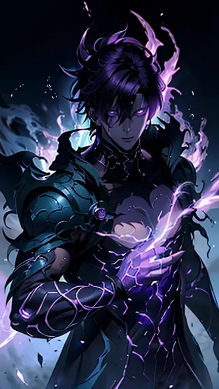 anime character with purple hair and glowing eyes in front of a dark background, handsome guy in demon slayer art, epic fantasy art style, badass anime 8 k, epic fantasy digital art style, detailed digital anime art, human male demon, portrait of hades, ep...