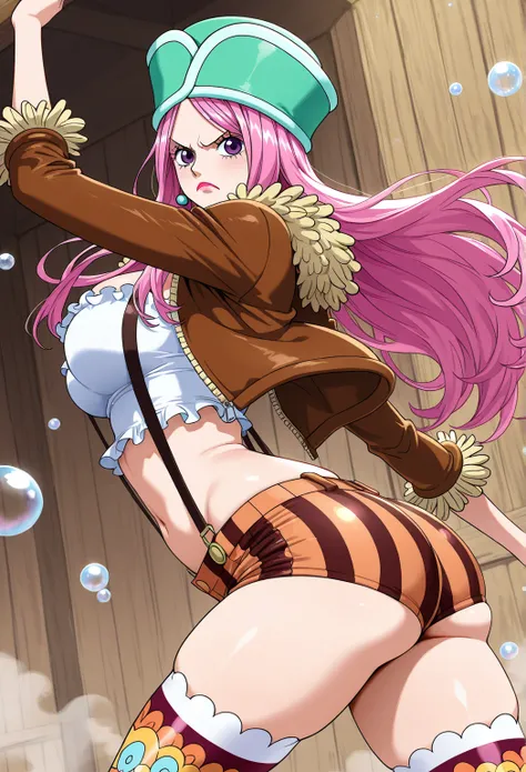 high resolution picture, masterpiece, best quality, amazing quality, official art, solo, 1girl,  Jewelry Bonney from one piece, 1girl, jewbonney, purple eyes, pink hair, long hair, suspender shorts, suspenders frilled shirt, crop top, strapless, green head...