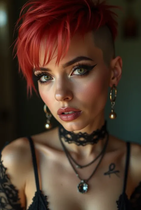 4k pic of a guatemaltecan woman with red hair and piercings posing for a picture, short red bob hair , pixie cut with shaved side hair, shaved sides, hairstyle red mohawk, cute girl with red bob hair, pixie undercut hairstyle, with short hair, jaw dropping...