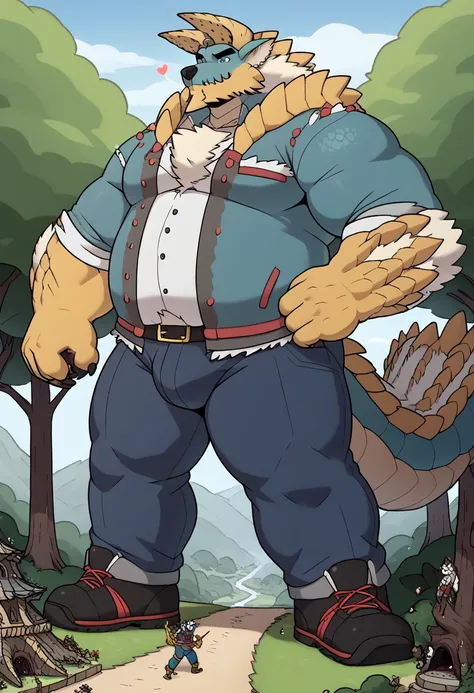 Scribble zinogre face,furry(zinogre),pummelig, big chubby, big huge belly, big strong large giant muscle,( black eyebrows :1.1),(perfect eyes), fur，scale, alone, Wears Monster Hunter clothes, friendly and Helpful,（artist:takemoto arashi),（jock:1.3）， standi...