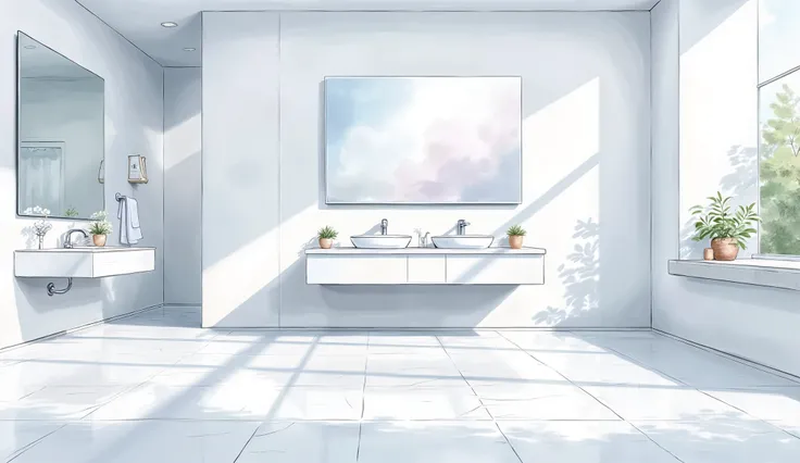 Large bathroom, emty, mirror on the wall, wet floor
(masterpiece best quality:1.2) delicate illustration ultra-detailed,