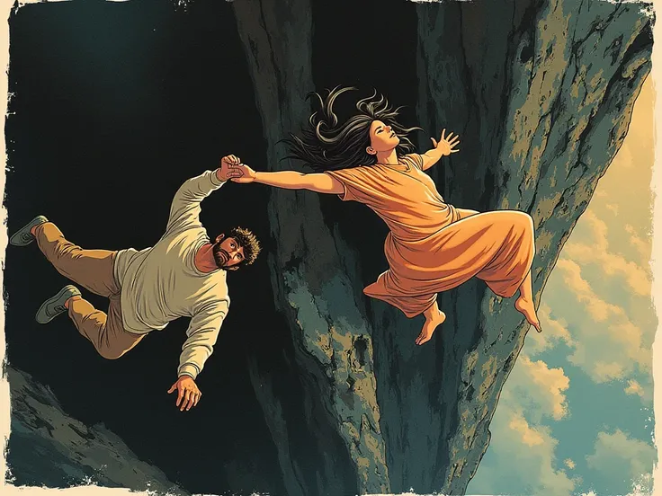 splash page, progressive comic panels, montage, collage, falling backwards, trust fall, contorted back bend, standing backwards dive, falling down elevator shaft, closed eyes serene faith in the unknown, double dolly shot levitation, I have found another f...