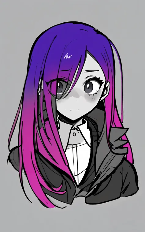 drawing of a girl with long hair and tie, flat bra in anime style, shading , Anime shading), In anime style, strong shading, stylized as anime, & Her expression is solemn., Detailed portrait of anime girl, portrait of gepmoe yandere grimdark, portrait of a...