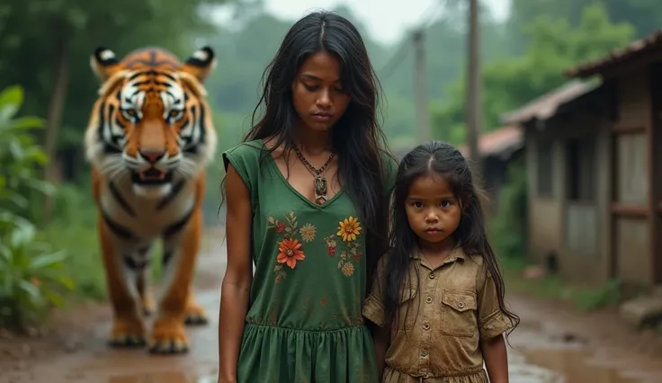 A beautiful Indonesian woman with a high nose, in her 30s, with long messy hair and a thin body, wearing a green dress with a flower pattern that is very dirty with dirt, is standing with her head down with a  Indonesian female toddler with long wavy messy...