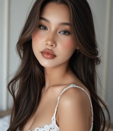 (masterpiece, best quality:1.2), 1girl, solo, 22 year old with long eyelashes, upturned eyes, straight eyebrows shape, Aquiline/Roman nose, round lips, heart shaped lips, lipstick , shape face triangle, her nose is perfectly, with long dark hair
