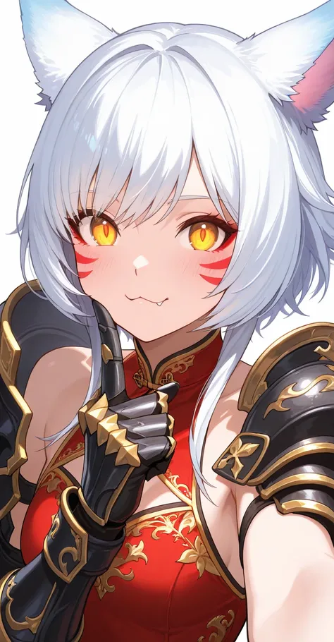 Masterpiece, Anatomically Correct, High Resolution, High Quality, 
Close up, portrait shot, selfie, focus on face, dynamic pose, 

Miqote ears, ffxiv, final fantasy,
Cute, glowing white hair, amber eyes, red whisker face paint, black with gold accents chin...