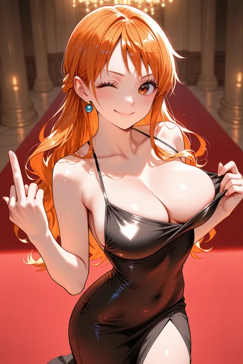 nami one piece, red carpet event, elegant dress, flashing one breast, wink, smile, middle finger, flipping off