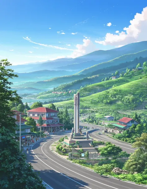 Make an anime style background, roundabout in the middle of the road there is a monument (Cianjur city, West Java, Indonesia) on the side of the road there are houses and shops, surrounded by tea plantations and green mountains, detailed textures, sharp im...