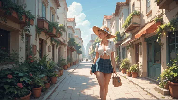 Woman walking in a deserted city with a short skirt and no blouse