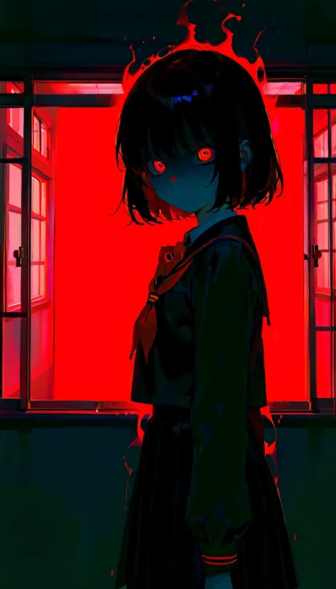 score_9, score_8_up, score_7_up, score_6_up, masterpiece, best quality, watercolor, double exposure, Anime girl with (short black hair:1.1), school uniform with red bow, (silhouetted against a red, window-lit hallway:1.3), mysterious aura, dramatic shading...