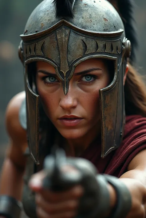 (Masterpiece), resolution, close up of a Spartan woman, blue eyes, in combat, wearing an ancient Spartan helmet, high quality, realistic, highly detailed, cinematic, VFX