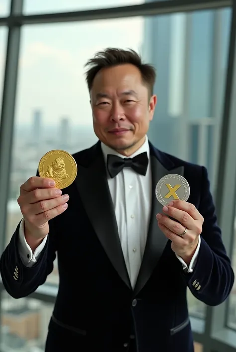 Create me a picture of Elon Musk in elegant clothes in a skyscraper where he holds in one hand he holds a gold coin with a frog with Peipei written on it and in the other hand he holds a silver coin with the inscription XRP