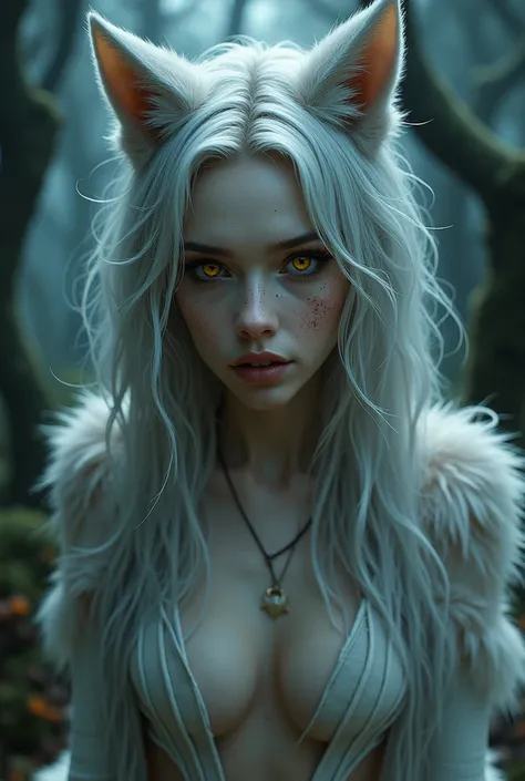 beautiful woman, wolf ears, wolf tail, silver hair, golden eyes, in haunted forest, close up, showing fangs