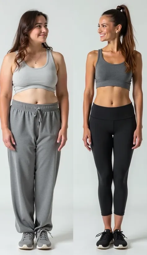 A side-by-side comparison of the same woman. On the left, she is slightly overweight, wearing loose, baggy clothes, and looking tired and unmotivated. On the right, she is dressed in stylish workout clothes, smiling confidently and standing tall. The light...