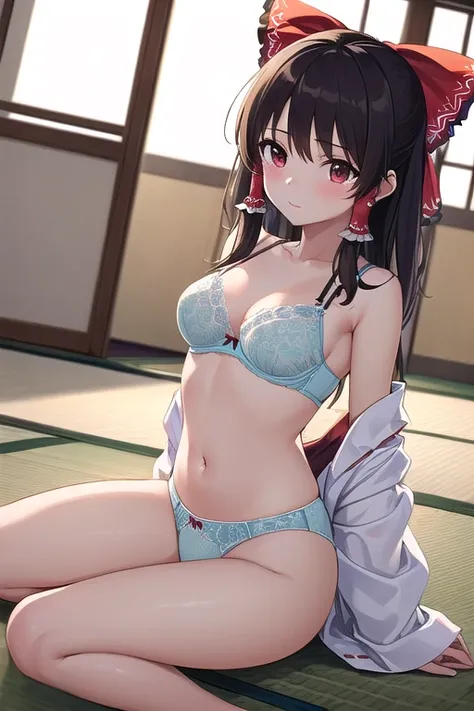 ((best quality)), ((masterpiece)), (detailed), 1girl 。Reimu。tatami。Happy。 moving composition。Bra and panties visible。