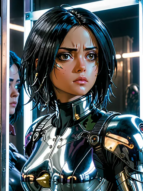 Battle angel alita profile in front of a mirror with a sad face and in her cyberpunk costume