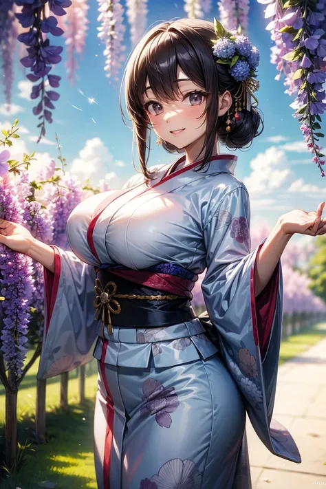     Shrine grounds  , Clear sky with white clouds, Kimono costume,   artfully patterned kimono,Kimono with wisteria flower pattern, blur background, Mother, Big Breasts , smile,  Glitter Effects  ,  best quality , 8k,   high resolution, masterpiece:1.2,   ...