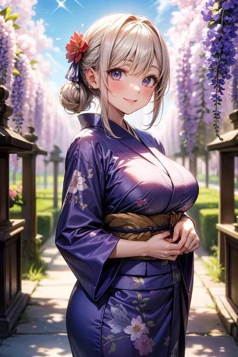     Shrine grounds  , Clear sky with white clouds, Kimono costume,   artfully patterned kimono,Kimono with wisteria flower pattern, blur background, Mother, Big Breasts , smile,  Glitter Effects  ,  best quality , 8k,   high resolution, masterpiece:1.2,   ...